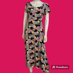 Vtg STARINA 1990s Mixed Pattern Floral Patchwork Lace-up Maxi Prairie Dress